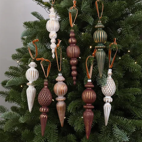 Vintage Christmas Tree Ornaments Set Conical Finial Pendants Plastic Electroplated Retro Christmas Balls For Holiday Party Decor