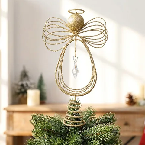Glitter Iron Angel Christmas Tree Topper With Rhinestone Pendant Golden Metal Angel Figurine Holiday Tree Ornament Decor