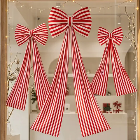 Giant Red White Striped Christmas Tree Topper Bow Large Fabric Hanging Decoration For Party Holiday Home DIY Ornament Gift