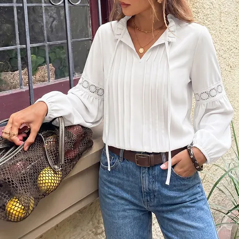 Camicetta Donna Elegante Patchwork di Pizzo Volant Scollo a V Plissettato Manica a Lanterna Top Laccetto Boemo Casual Ufficio Camicia
