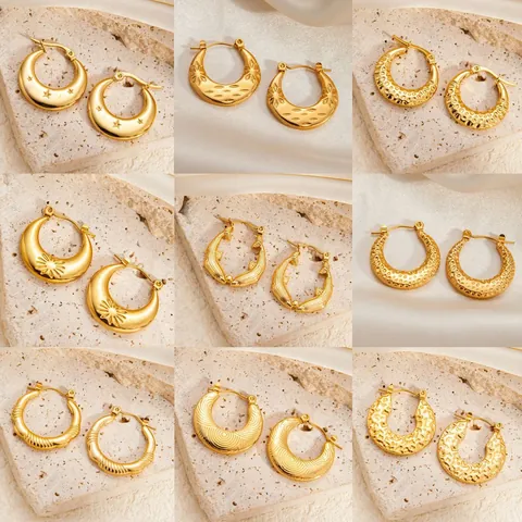 Vintage Stainless Steel Gold Hoop Earrings For Women Niche Design Hammered Texture Star Moon Pattern Fashion Jewelry Accessory