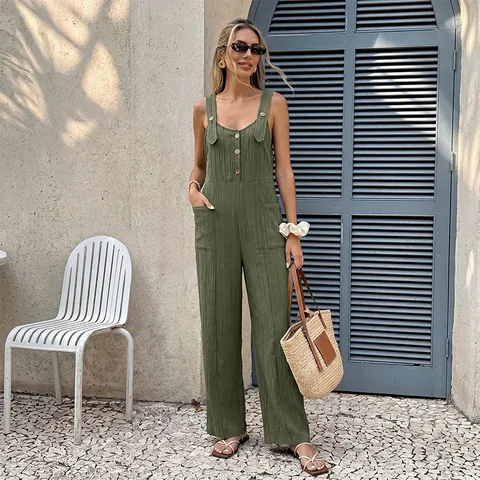 Women's Casual Textured Jumpsuit Loose Sleeveless Romper Wide Leg Overalls With Pockets Elegant High Waist Jumpsuit For Holiday