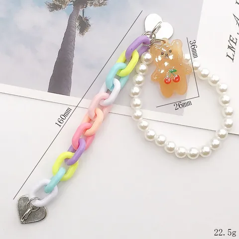 Acrylic Chain Phone Charm Artificial Pearl Bear Pendant Sweet Macaron Color Bag Accessory Handbeaded Heart Buckle Keychain