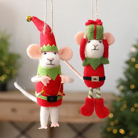 Handmade Wool Felt Mouse Christmas Tree Hanging Ornament Festive Red Green Cartoon Mouse With Gift Box Lights Decoration