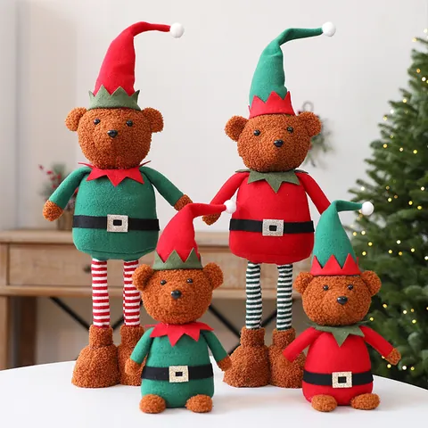 Festive Christmas Plush Teddy Bear Ornament With Retractable Legs Elf Costume Hat Polyester Table Decor For Home Party