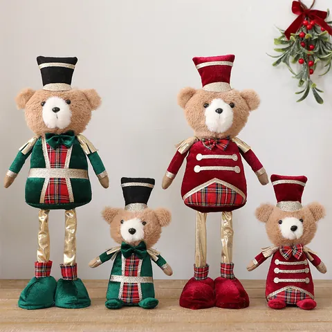Poupée Ours en Peluche Soldat Casse-Noisette de Noël Ornement Ours Soldat à Carreaux Rouge Vert pour Décoration de Fenêtre Maison