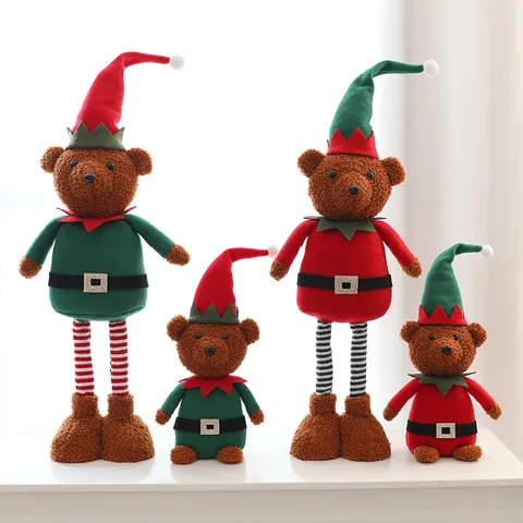Festive Christmas Plush Teddy Bear Ornament With Retractable Legs Elf Costume Hat Polyester Table Decor For Home Party