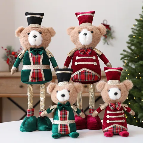 Poupée Ours en Peluche Soldat Casse-Noisette de Noël Ornement Ours Soldat à Carreaux Rouge Vert pour Décoration de Fenêtre Maison