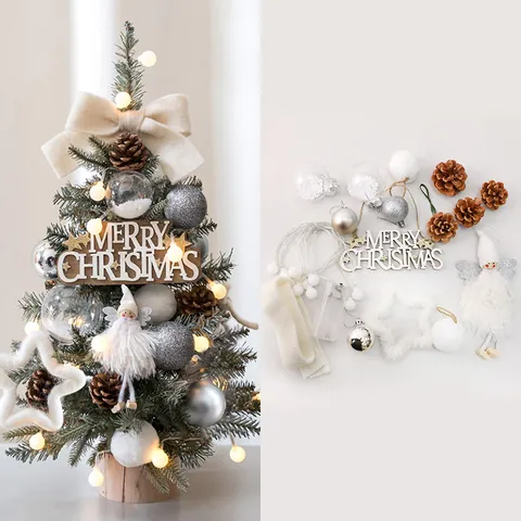 DIY Desktop Christmas Tree Kit With LED Lights Wooden Base Pinecones Baubles Ornaments For Holiday Home Office Tabletop Decoration
