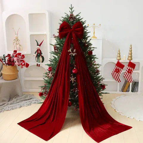 Large Velvet Christmas Tree Bow Topper With Long Ribbons Solid Color Festive Home Decoration Bow Hanging Ribbon Ornament