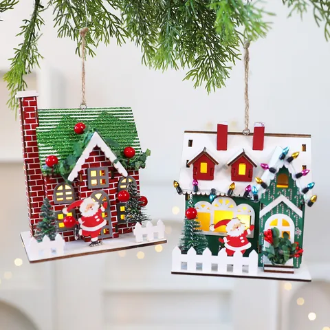 Ornement Maison en Bois de Noël à LED Cabine Miniature Brillante Avec Figurine de Père Noël pour Décoration de Bureau et Fenêtre