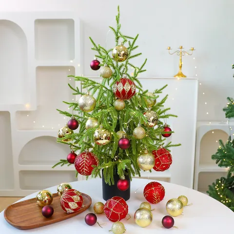 PE Artificial Desktop Christmas Tree Set With LED Lights Red Gold Festive Ornaments For Holiday Window Display Home Office Decor