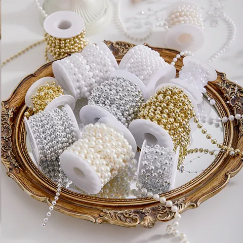 Christmas Tree Bead Chain Garland Decoration Plastic Artificial Pearl Strand For Festival Window Scene Layout DIY Craft Accessory