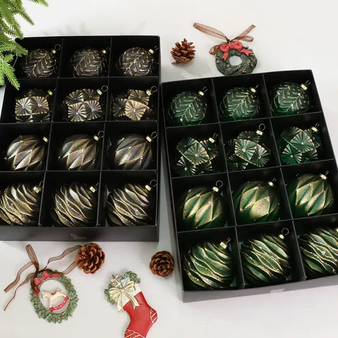 Vintage Antique Christmas Ball Ornaments Set 12Pcs Embossed Pattern Holiday Tree Hanging Pendants For Home Hotel Decoration