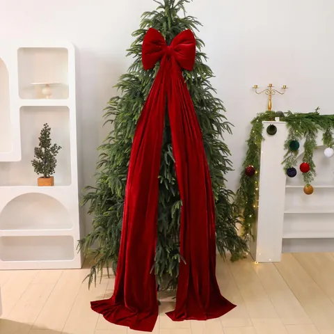 Large Velvet Christmas Tree Bow Topper With Long Ribbons Solid Color Festive Home Decoration Bow Hanging Ribbon Ornament