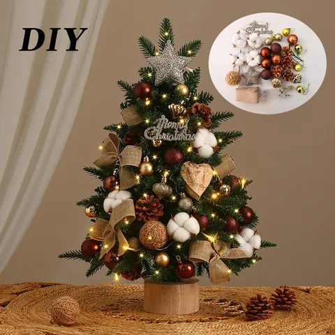DIY Desktop Christmas Tree Kit With LED Lights Wooden Base Pinecones Baubles Ornaments For Holiday Home Office Tabletop Decoration