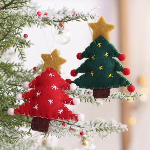 Ornements Suspendus en Feutre de Laine Faits Main Sapin de Noël et Chaussette Broderie Flocon de Neige Étoile Décoration Festive