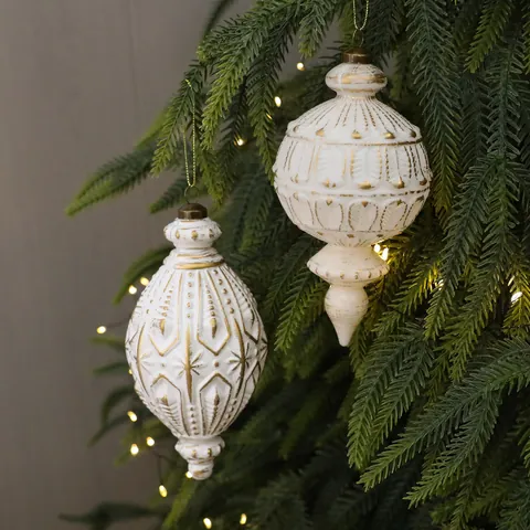 Vintage Plastic Christmas Hanging Ornament White Gold Embossed Finial Ball Pendant For Xmas Tree Decoration Window Display