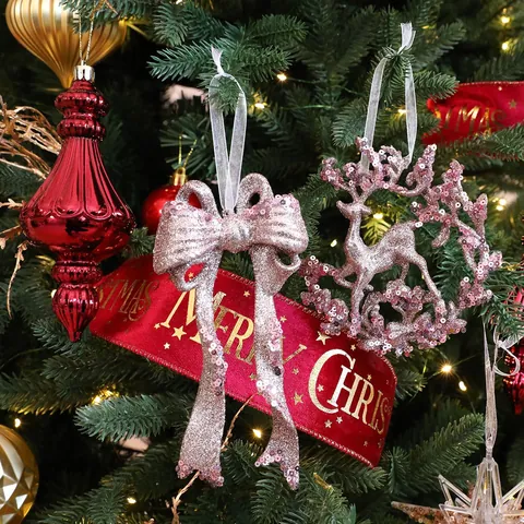 Pink Glitter Christmas Tree Ornaments Acrylic Snowflake Fawn Butterfly Ballerina Hanging Decorations For Xmas Tree Holiday Home Decor