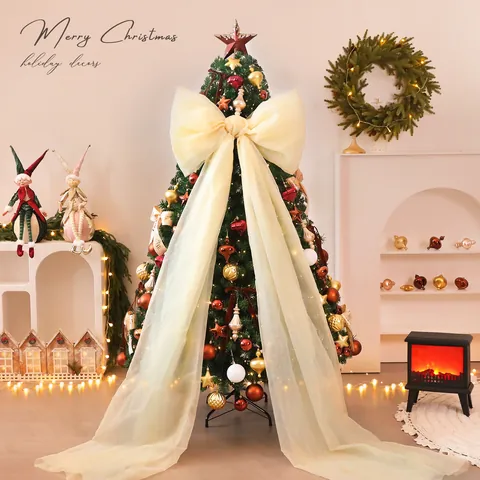 Grote Crème Strik Kerstboom Set Met Warme LED-Lichtslingers Goud Rood Vintage Ornamenten Kerstman Figuren Feestelijke Huisdecoratie