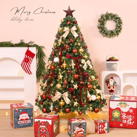 Grote Crème Strik Kerstboom Set Met Warme LED-Lichtslingers Goud Rood Vintage Ornamenten Kerstman Figuren Feestelijke Huisdecoratie