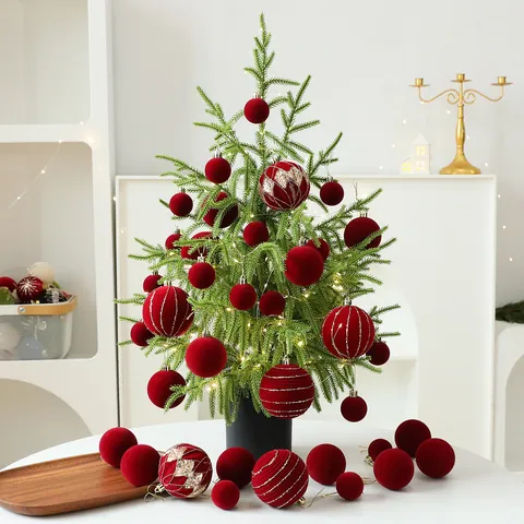 PE Artificial Desktop Christmas Tree Set With LED Lights Red Gold Festive Ornaments For Holiday Window Display Home Office Decor