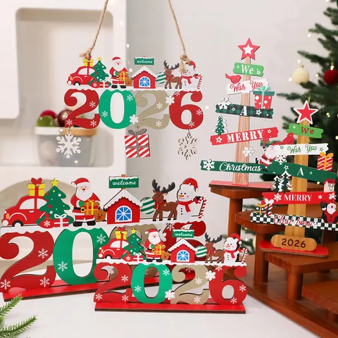 2026 Christmas Wooden Hanging Sign Door Decor Welcome Santa Snowman Reindeer Xmas Desktop LED Ornament Holiday Party Supplies