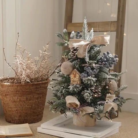 Desktop Mini Christmas Tree With LED Lights Berry Pinecone Bow Flocked DIY Decoration For Holiday Home Office Tabletop