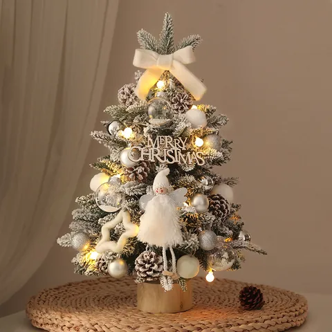 Mini Tabletop Christmas Tree With Warm LED Lights Snowy Pine Cone Berry Decoration Artificial Cedar Pine Tree For Christmas Table Home Office Window Decor