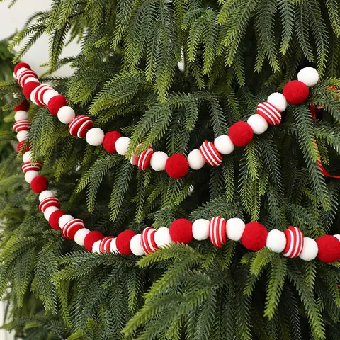Guirlande de Boules en Feutre Rouge et Blanc Banderole Bricolage Décoration Suspendue pour Sapin de Noël Ornement Fenêtre Fête