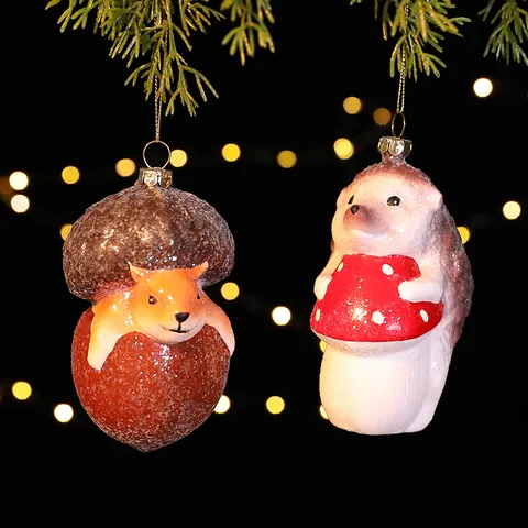 Bostieren Kerstboomversiering Glitter Kunststof Vos Eikel Egel Paddestoel Onregelmatige Kerstbal Feestelijke Decoratie