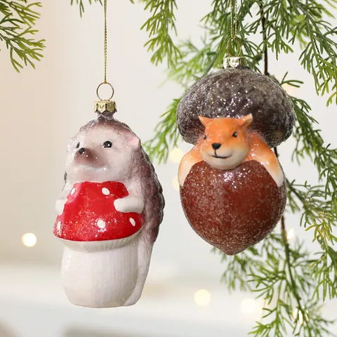 Bostieren Kerstboomversiering Glitter Kunststof Vos Eikel Egel Paddestoel Onregelmatige Kerstbal Feestelijke Decoratie