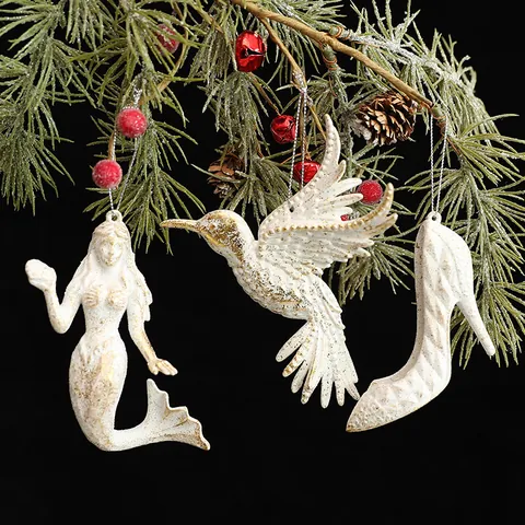 Antique White Christmas Tree Hanging Ornaments Vintage Glitter Plastic Deer Angel Cross Crown Snowflake Holiday Home Party Decor