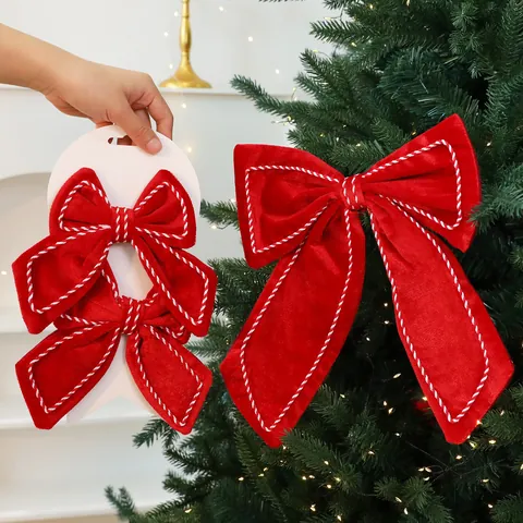 Large 3D Velvet Christmas Bow Ornament Red Green Hand-Stitched Bowknot For Christmas Tree Window Party Home Decor Hanging Gift