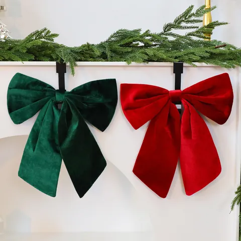 Large 3D Velvet Christmas Bow Ornament Red Green Hand-Stitched Bowknot For Christmas Tree Window Party Home Decor Hanging Gift