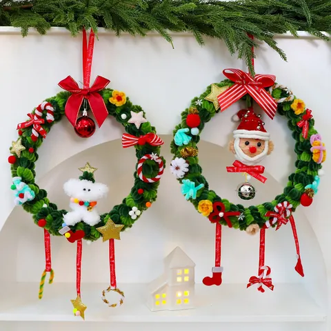 Corona de Navidad Tejida a Mano Con Papá Noel Perro Muñecos Verde Rojo Guirnalda Para Hogar Hotel Escaparate Ventana Decoración