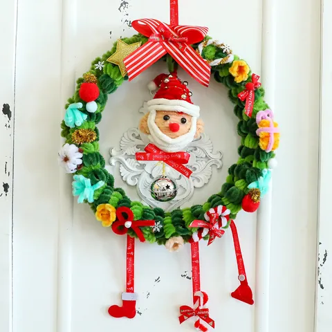 Corona de Navidad Tejida a Mano Con Papá Noel Perro Muñecos Verde Rojo Guirnalda Para Hogar Hotel Escaparate Ventana Decoración