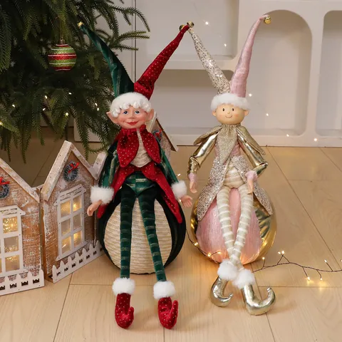 Weihnachtselfen Puppe Ball Ornament Rot Grün Gold Sitzend Langbein Elfen Figur Für Weihnachtsbaum Hotel Schaufenster Home Deko