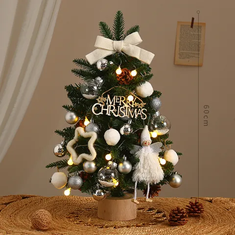 Kit Sapin de Noël DIY de Bureau Minimaliste Nordique Avec Lumières LED Base en Bois Mini Pin Artificiel de Simulation pour Décoration de Noël