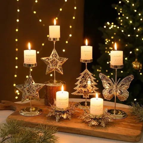Weihnachten Eisen Kerzenständer Gold Schneeflocke Stern Weihnachtsbaum Schmetterling Tischdekoration Hohlmetall Kerzenhalter Heimdekoration
