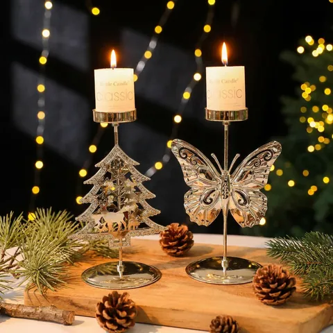 Weihnachten Eisen Kerzenständer Gold Schneeflocke Stern Weihnachtsbaum Schmetterling Tischdekoration Hohlmetall Kerzenhalter Heimdekoration