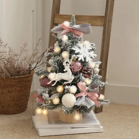 Mini Albero di Natale Fai-da-te Con Luci Calde LED Ornamenti di Alce Base in Legno Per Decorazione Tavolo Casa Ufficio Regalo Natale