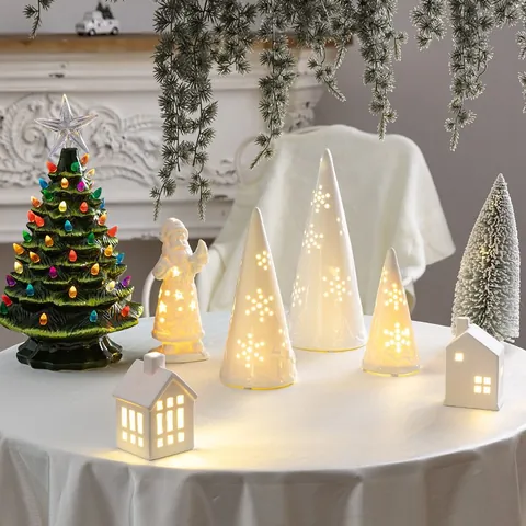 Árbol de Navidad de Cerámica Luminosa LED Adorno de Mesa Papá Noel Decoración Navideña Esmaltada Vintage Fiesta Regalo