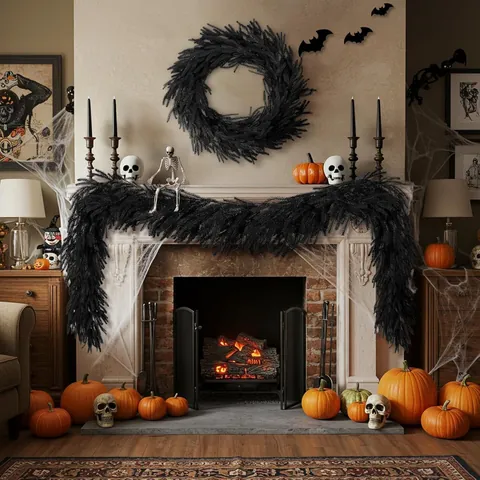 Halloween Black Norfolk Pine Garland Artificial Rattan For Fireplace Mantel Home Decor Venue Layout Party Decoration Ghost Festival Props
