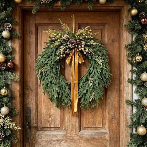 Ghirlanda Natalizia Artificiale in Pino di Norfolk Con Fiocco in Velluto Dorato E Pigne per Decorazione Parete Porta Ingresso