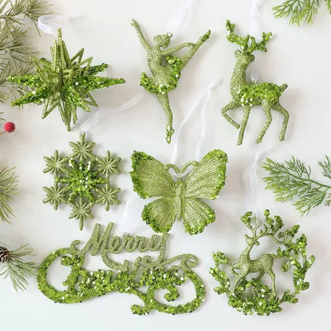 Apple Green Sequin Glitter Christmas Tree Ornament Acrylic Reindeer Snowflake Star Butterfly Ballet Girl Hanging Decor