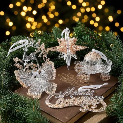 Clear Acrylic Christmas Hanging Ornament Sequin Reindeer Snowflake Pendant Christmas Tree Decoration Home Holiday Party Supplies