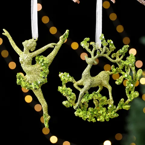 Apple Green Sequin Glitter Christmas Tree Ornament Acrylic Reindeer Snowflake Star Butterfly Ballet Girl Hanging Decor