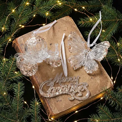 Clear Acrylic Christmas Hanging Ornament Sequin Reindeer Snowflake Pendant Christmas Tree Decoration Home Holiday Party Supplies