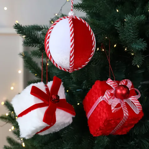 Adorno Colgante para Árbol de Navidad Rojo Blanco Peluche Piel Sintética Bola Forma Caja de Regalo Decoración Festiva